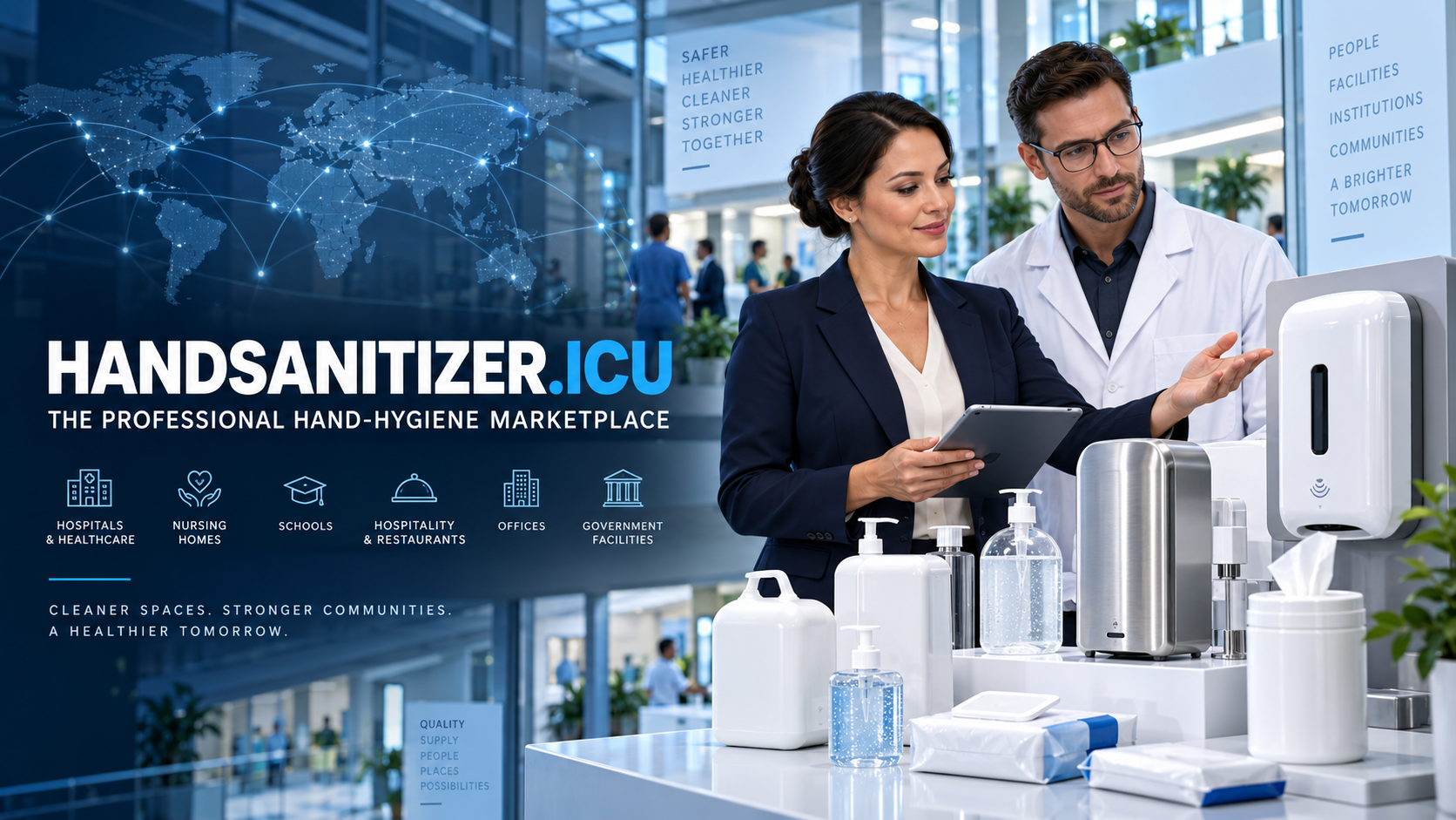 HandSanitizer.icu professional hand-hygiene marketplace concept, with institutional buyers and dispensing products